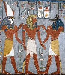 Ramsès Ier entre Horus et Anubis, fresque, chambre funéraire, tombe de Ramsès Ier (KV16), Vallée des Rois, Thèbes (Liste du patrimoine mondial de l
