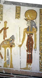 Égypte, Thèbes, Louxor, Vallée des Rois, Tombe du Prince Mentuherkhepeshef, peinture murale de la déesse à tête de chat Bastet, 20e dynastie