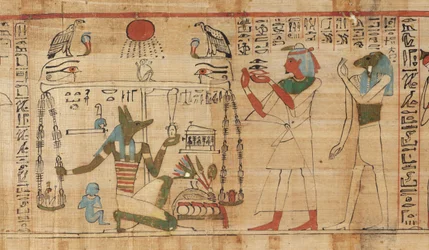 Détail du Livre des morts du prêtre Aha-Mer représentant Anubis pesant le cœur du défunt contre la Plume de la Vérité