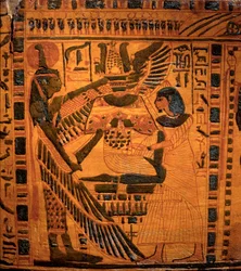 Antiquité égyptienne : Le défunt accueilli par la déesse Maât (détail) du sarcophage du scribe Butehamon. 3e période intermédiaire. 21e dynastie. 990-970 av. J.-C. De Thèbes. Dim. 211 cm Turin, musée égyptien