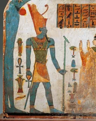 Stèle de dame Taperet, stèle en bois peinte des deux côtés, côté B : Taperet priant le dieu Atum, le soleil couchant, Troisième Période Intermédiaire, Dynastie XXII