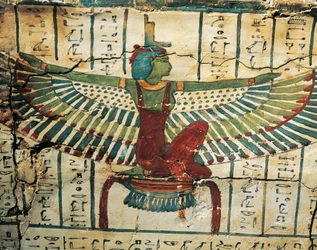 Bois peint et laqué représentant la déesse Isis aux ailes déployées, sur le sarcophage de Cesraperet provenant de Thèbes-Ouest