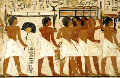Égypte ancienne, peinture, procession funéraire, tombe de Ramosé, hommes portant des trésors, Thèbes, vallée des Nobles
