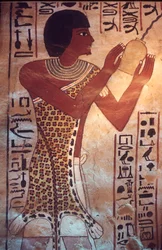 Égypte ancienne, tombe de Sennufer, Thèbes, Louxor, peinture murale, fresque, le fils de Sennufer présidant au festin funéraire, portant une robe en peau de léopard