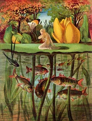 Poucette très désolée sur la feuille de nénuphar, dans « Thumbkinetta » des Contes de fées de Hans Christian Andersen, 1872