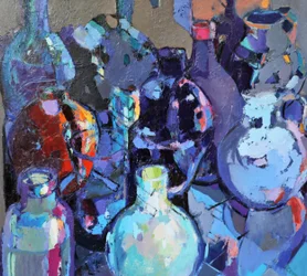 Nature morte aux bouteilles aux couleurs vives