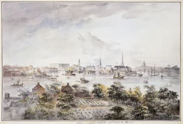 Vue de Stockholm depuis Kungsholmen avec le Palais Royal et Storkyrkan, Tyskakyrkan, Katarinakyrka et Riddarholmskyrkan