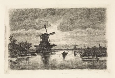 Paysage avec deux moulins et une barque