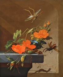 Un bouquet de roses, de liserons et de noisettes avec des sauterelles, un lucane cerf-volant et un lézard