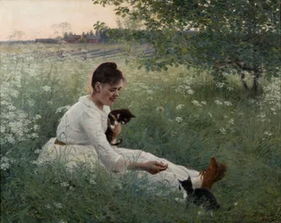 Jeune fille avec des chats dans un paysage d