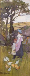 Nourrir les poules (Pastel et aquarelle sur carton)