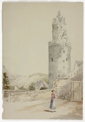 Femme et enfant devant une ville fortifiée avec tour