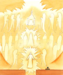 Une bonne préparation à la messe consiste à prier, en réfléchissant à la Compagnie du Ciel avec laquelle nous prions, et au Père éternel, source de tout amour, 2005 (aquarelle sur papier)