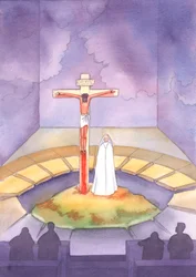 À chaque messe, nous sommes présents au sacrifice offert une fois sur le Calvaire, lorsque le Christ a souffert et est mort pour nous, tandis que sa mère se tenait à ses côtés, 2005 (aquarelle sur papier).