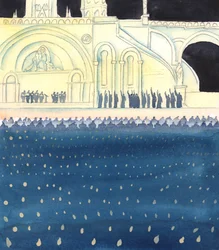 Dieu et ses saints anges regardent avec joie partout où le Christ et sa mère Marie sont présents, où le Christ est adoré et Marie honorée, et où les gens suivent leur exemple - comme au Domaine, à Lourdes, 2005 (aquarelle sur papier).