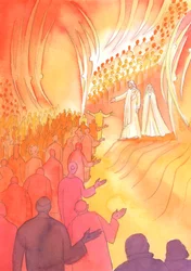 Jésus crucifié attend à la porte du ciel, avec sa mère Marie et les saints anges