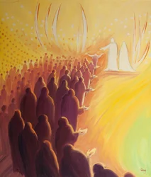 Jésus crucifié attend à la porte du Ciel, avec sa mère Marie et les saints anges