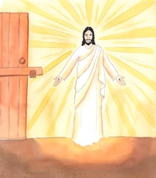 Tout comme Jésus est venu silencieusement à travers une porte verrouillée pour être avec ses amis dans le Cénacle et leur apporter courage et joie, il vient silencieusement à nous lorsque nous plaçons notre confiance en lui, 2005 (aquarelle sur papier).