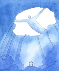 Le Père voit tout ce qui nous arrive, alors que nous vivons et travaillons dans les "ténèbres" de la vie terrestre, comme dans une caverne profonde, bien en dessous de la gloire du Ciel, 2005 (aquarelle sur papier)