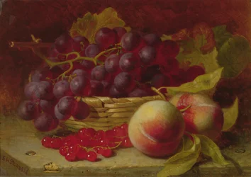Nature morte de groseilles rouges, pêches et raisins dans un panier