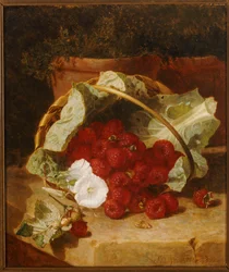 Framboises dans un panier doublé de feuilles de chou avec convolvulus blanc sur un rebord de pierre, 1880