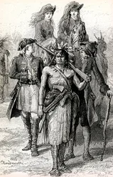 Magua dirige les filles du colonel Munro, avec le major Duncan Heyward et David La Gamme.