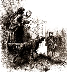 Le vieux trappeur Natty Bumppo et son chien Hector avec Helene Wade et le chasseur d