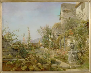 Jardin de fleurs à Weissenkirchen - Garden with flowers in Weissenkirchen ... (oil on wood)