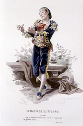 Œuvre complet de Beaumarchais (1732-1799) par Édouard Fournier. dessin par Émile Bayard. Ed. Laplace, Sanchez et Cie, Paris 1876. Ceci est Figaro dans « Le Mariage de Figaro »