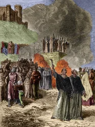 Croisade contre les Albigeois - Les derniers défenseurs de Montségur, cathares, brûlés sur le bûcher en 1244 - Gravure d