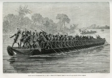Grande pirogue des Arouhouimi, chargée de 40 pagayeurs debout et de vingt guerriers en armes, sur le fleuve Livingstone (Congo), dessin par Emile Bayard, pour illustrer l