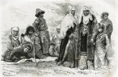 Femmes kirghizes pauvres et riches. Gravure par Émile Bayard, pour illustrer les impressions de voyage d