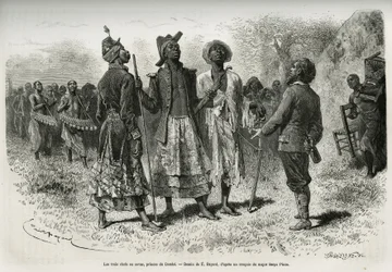 Les trois conducteurs (ou sovas), princes de Dombe (Angola), et leur suite de musiciens et d