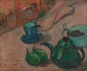 Nature morte avec théière, tasse et fruits