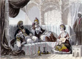 Intérieur avec un bey et sa famille, extrait de « Constantinople and the Black Sea », gravé par les frères Rouergue
