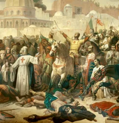 Détail : Première croisade : «La prise de Jérusalem par les croisés le 15/07/1099» - Godefroy de Bouillon rend grâce à Dieu en présence de Pierre l