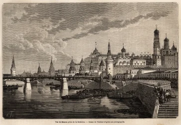 Vue générale de Moscou, prise de la Moskowa, dessin de Therond, pour illustrer le voyage de Shanghai à Moscou, de 1859 à 1862, de M. de Bourboulon, ministre de France en Chine. Gravure dans « Le tour du monde », édité par Edouard Charton