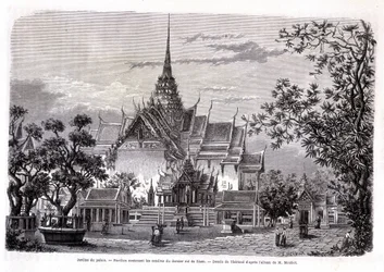 Jardin du palais. Pavillon contenant les cendres du dernier roi du Siam. Dessin de Thérond d