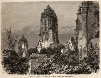 Les ruines prises dans la végétation de la jungle, à Ajuthia (Thaïlande), dessin de Therond, pour illustrer le voyage à travers les royaumes de Siam, Cambodge et Laos, de 1858 à 1861, par Henri Mouhot. Gravure dans "Le tour du monde", édité par Edouard Cha