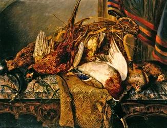 Nature morte avec faisans sur une table en marbre, vers 1850