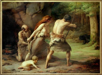 Hommes préhistoriques chassant un ours (peinture sur toile)