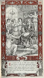 Ballet au château de Fontainebleau où les dames de la cour du roi Henri II (1519 - 1559) représentent chacune une science ou un art. Gravure de 1914 par Emmanuel Blanche. Collection privée.