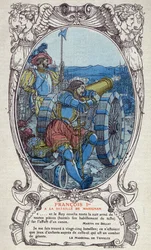 Le roi de France François Ier (1494-1547) à la bataille de Marignan les 13 et 14 septembre 1515. Gravure de 1914 par Emmanuel Blanche. Collection privée.
