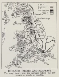 Carte montrant comment les chemins de fer en Angleterre suivent autant que possible les basses terres (photo n/b)