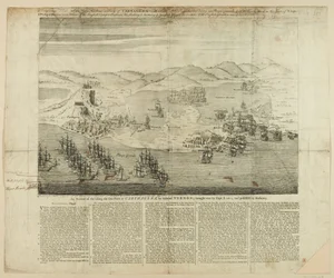 Dessin en perspective de la ville, du port et des forts de Carthagène en 1739, publié en 1741