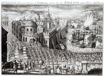 Vue de la ville et du port de Carthagène, prise par les Anglais sous le brave amiral Vernon, 1741