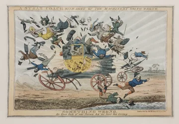 Un carrosse à vapeur avec une partie de la machinerie défectueuse, vers 1825