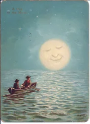 Carte de Noël victorienne de deux garçons dans une barque par une nuit de clair de lune