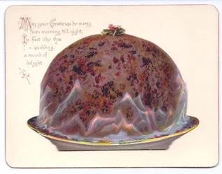 Carte de Nouvel An victorienne avec une jeune femme en habits de veuve, vers 1880 (lithographie en couleur)