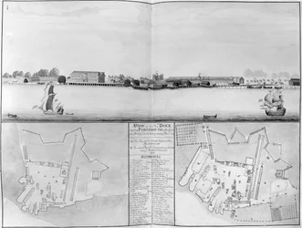 Vue du chantier naval de Sa Majesté à Portsmouth prise en face du Nouveau Dock, 1698